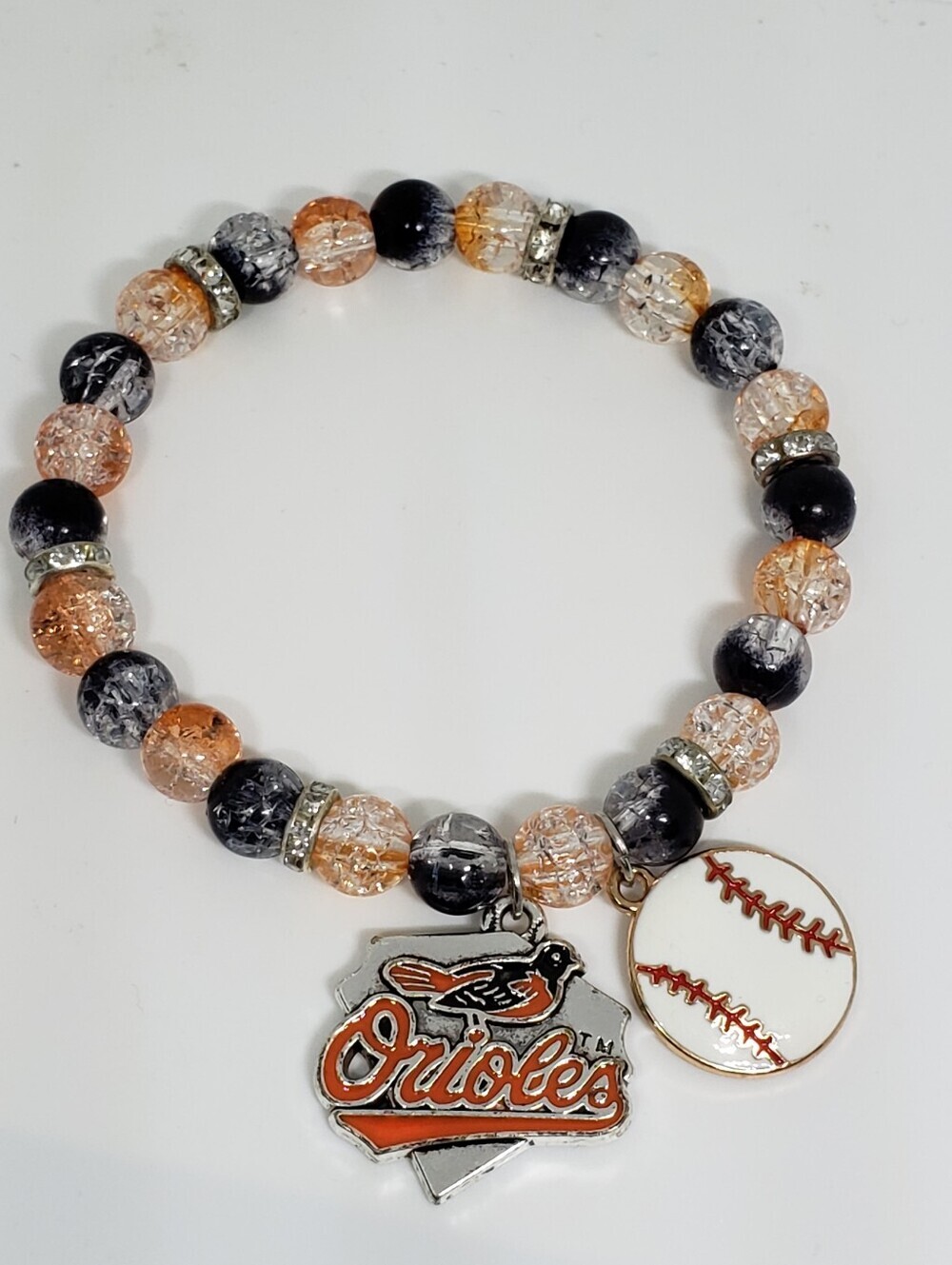 Handmade Beaded Glass MLB Black and Orange Baltimore Orioles Baseball Bracelet